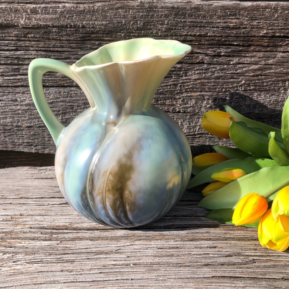 Vintage Sylvac made in England Pitcher Jug drip glaze Art deco style green blue💙